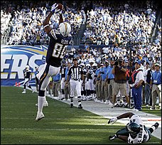 Malcom Floyd, left, and the soaring Chargers improve to 6-3 with Sunday's win over the Eagles, their fourth straight. (Denis Poroy/associated Press) 