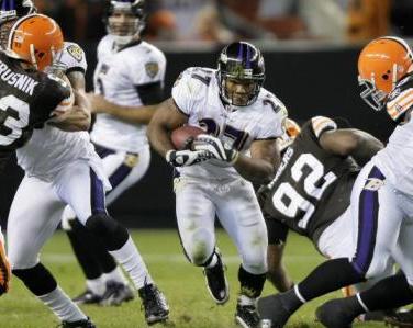 Baltimore Ravens running back Ray Rice (27) runs for 8 years against the Cleveland Browns in the second quarter of an NFL football game Monday, Nov. 16, 2009, in Cleveland. (AP Photo/Mark Duncan)
