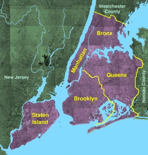 New York City highlighting the location of the five boroughs. Source:  Matthew Trump courtesy of Wikimedia Commons Creative Commons Attribution ShareAlike 3.0 License.
