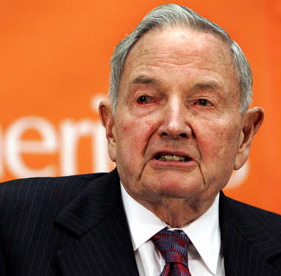 David Rockefeller  CoR executive member, former Chairman of Chase Manhattan Bank, founder of the Trilateral Commission, executive member of the World Economic Forum, donated land on which the United Nations stands.