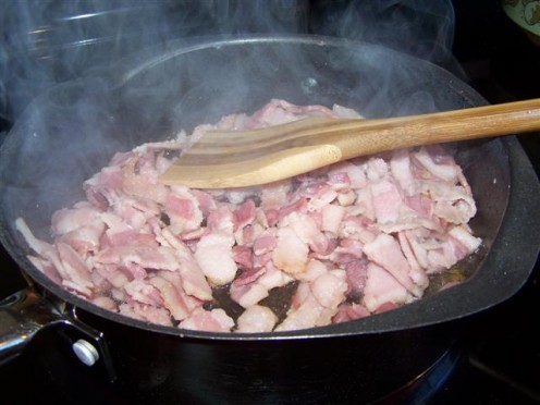 Bacon and Onions in Cast Iron Pan.