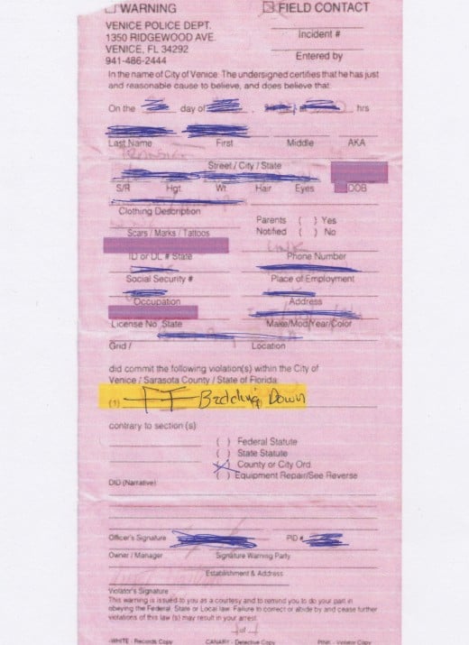 Marta and Chuck, harassed out of Sarasota drove to Venice to get some sleep in a parking lot. They received this warning ticket -- their crime -- "Bedding Down." They could face $500 fine, 30 days in jail or both. They were told to get out of town. 