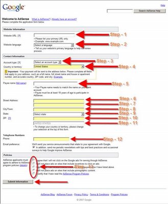 Filled up adsense signup application form. Correlate with hubpages FAQ (link in top left corner of this page) before signing up for adsense via hubpages.