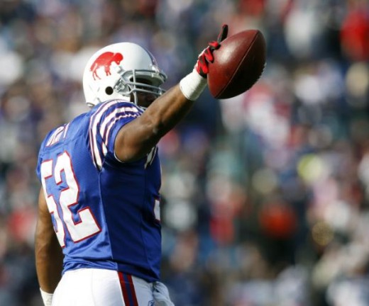 Buffalo Bills linebacker Chris Draft reacts after he intercepted a pass from the Miami Dolphins in the first quarter of an NFL football game in Orchard Park, N.Y., on Sunday, Nov. 29, 2009. (AP Photo/Mike Groll)