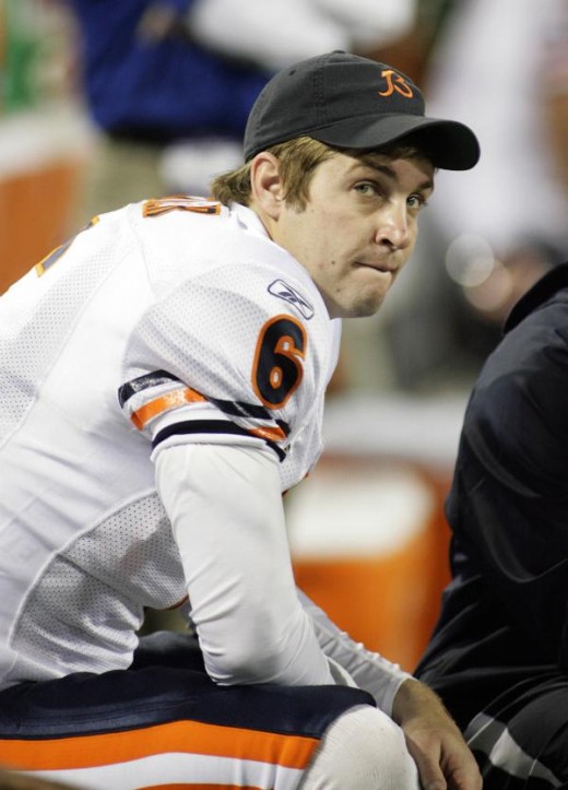 Jay Cutler threw for 147 yards and only two interceptions against the Vikings. looks on from the bench in the fourth quarter AP Photo/Andy King 