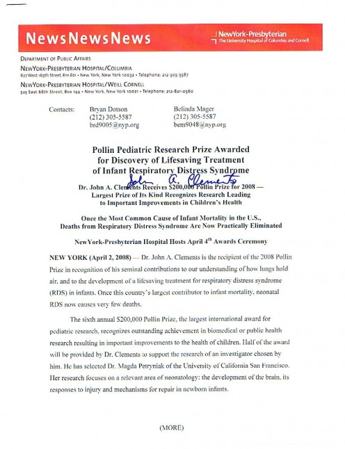 A news release signed by Pollin Prize winner Dr. John Clements.