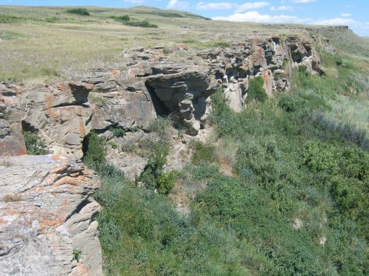 Buffalo Jump in southern Alberta. The First Nations people would drive the bison over these cliffs to harvest meat, bones for implements and skins.