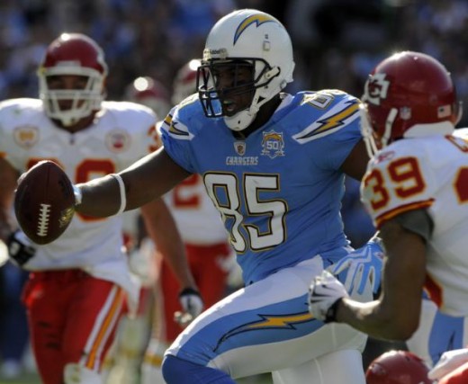 Antonio Gates (85) strides into the end zone with a 19-yard touchdown-reception during the first quarter of an NFL football game Sunday, Nov. 29, 2009, in San Diego. (AP Photo/Chris Carlson)