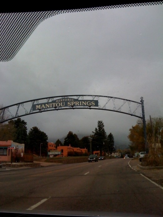 The entrance to Manitou Springs, Colorado.  This quaint road eventually leads to Pike's Peak!  The shopping looked good!  There were several restaurants along this road.