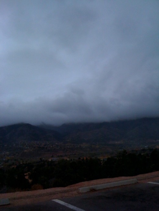 The view from the Focus on the Family parking lot, overlooking the valley and the mountains.  A snow storm had moved in.