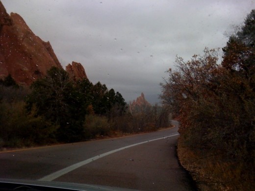 The view of the distant mountains from the Garden of the Gods was hidden by the snow clouds moving in.