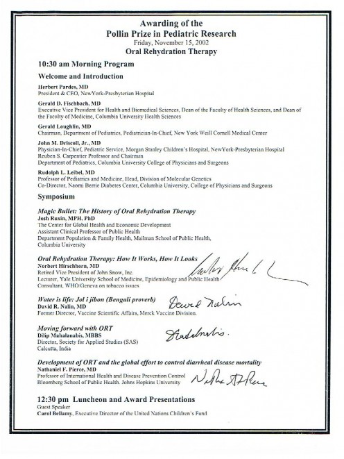 This piece shows the autographs of the First Pollin Prize winners, Doctors Norbert Hirschhorn, Dilip Mahalanabis, David Nalin and Nathaniel Pierce.