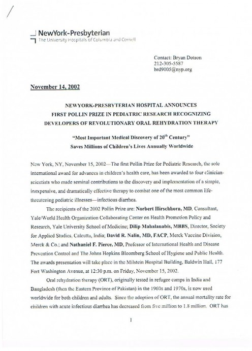 This is an image of the front page of the four page media release about the first Pollin Prize. 