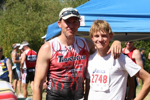 This is me with my 15 year old son Austin at the finish line of Jordanelle sprint triathlon