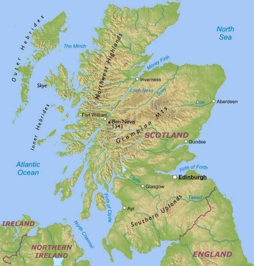 Map of scotland, showing the mountainous and flatter areas