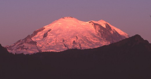 Mt. Rainier basks in the morning sunrise glow. A great view of the side Jondolar climbed in '86.