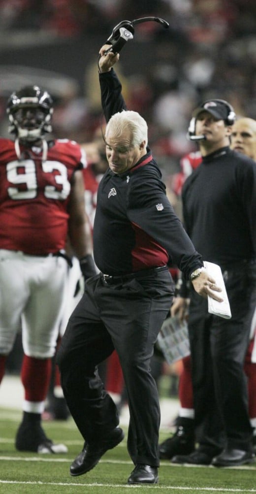 Atlanta Falcons head coach Mike Smith reacts after a pass interference call against the Falcons that appeared to be an interception during the third quarter of their NFL football game in Atlanta, Sunday, Dec. 13, 2009. New Orleans won 26-23. (AP Phot