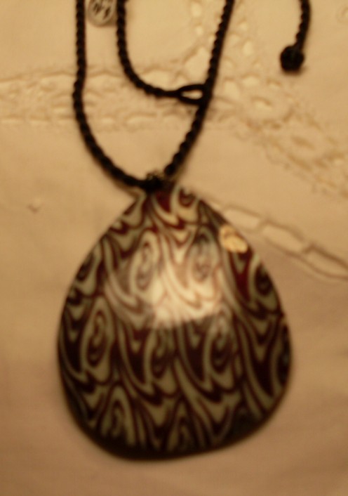 Black & White Teardrop Shell Pendant on Black Chinese Silk Cord, Necklace