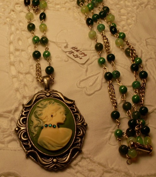 Mixed Natural Stone Jade Rope Necklace, with Green and Cream Cameo set in Antique Silver