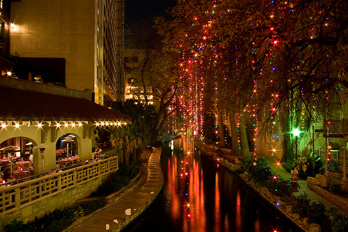 Riverwalk with lights.  Photo from Flickr.com.