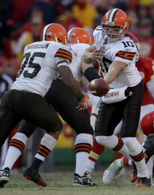 Brady Quinn (10) hands the ball to running back Jerome Harrison (35)during the fourth quarter of an NFL football game against the Kansas City Chiefs Sunday, Dec. 20, 2009 in Kansas City, Mo. The Browns won the game 41-34. (AP Photo/Charlie Riedel)