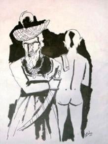 Fully Clad Muslim and a naked Hindu painted by F M Hessain.