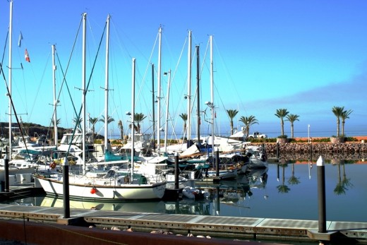 The back basin at Marina Costa Baja - La Paz, MX - A new Beach Club now occupies the beach behind the palms. Marina rates are high, but it is a very nice marina, though their maintenance could be better and the staff lacks basic marina knowledge and 