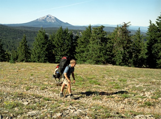 Bill climbing up Devi's Peak with Mt. McLoughlin to the south.