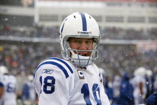 Indianapolis Colts' Peyton Manning looks on during the first half of the NFL football game against the Buffalo Bills in Orchard Park, N.Y., Sunday, Jan. 3, 2010. (AP Photo/ David Duprey)