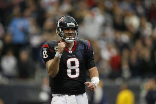 HOUSTON, TX - JANUARY 03: Quarterback Matt Schaub #8 of the Houston Texans celebrates after his team scored a touchdown against the New England Patriots at Reliant Stadium on January 3, 2010 in Houston, Texas. The Texans defeated the Patriots 34-27. 