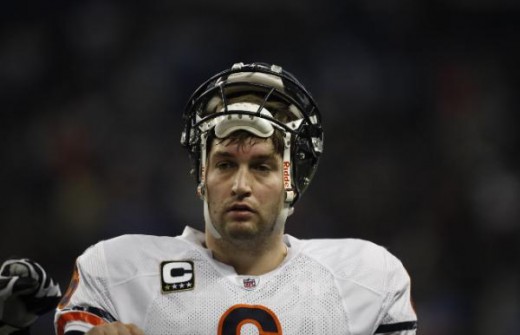 Chicago Bears quarterback Jay Cutler is shown against the Detroit Lions during the fourth quarter of an NFL football game in Detroit, Sunday, Jan. 3, 2010. Chicago won 37-23. (AP Photo/Paul Sancya)