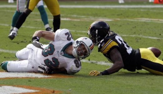 Miami Dolphins wide receiver Brian Hartline (82) reacts as he hits the ground after Pittsburgh Steelers cornerback William Gay, right, broke up a pass intended for him during the first half of an NFL football game Sunday, Jan. 3, 2010, in Miami. (AP 