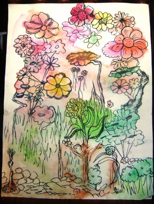 I believe I unintentionally plagiarized my sister's art. I remember she used to paint pictures similar to this back in the 1960s.  I have no idea where it came from.....