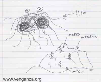 Original hand drawing of the Flying Spaghetti Monster creating the world.