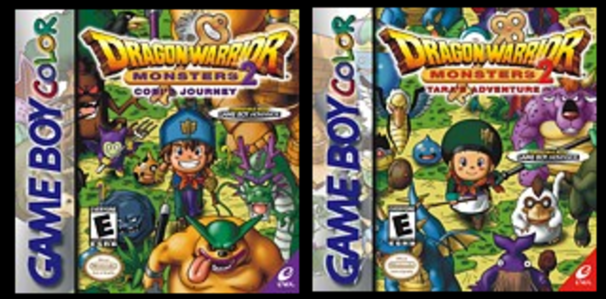 Box covers for both versions of Dragon Quest Monsters II (released in North America as Dragon Warrior Monsters II). Each version has minor differences in storyline and monster appearances in each plot-critical world.