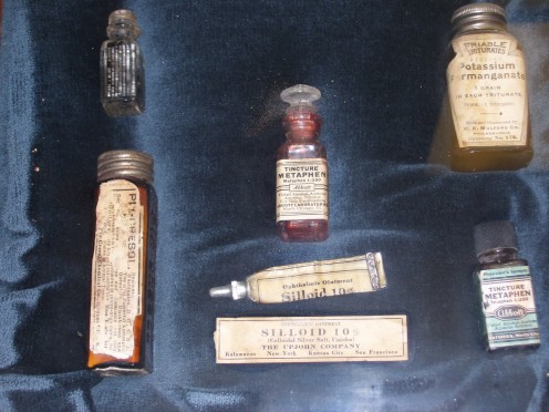Ointments and salves for various needs. Note the 'silloid' ointment.  This silver creme was then and is now a valid antiseptic.