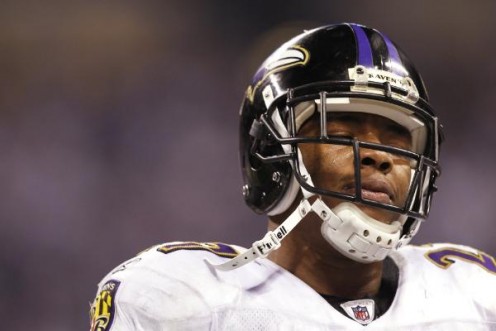 # Baltimore Ravens running back Ray Rice (27) reacts as he walks off the field after a fumble in the second half against the Indianapolis Colts in the AFC Divisional Playoff at Lucas Oil Stadium in Indianapolis, Indiana on January 16, 2010. The Colts