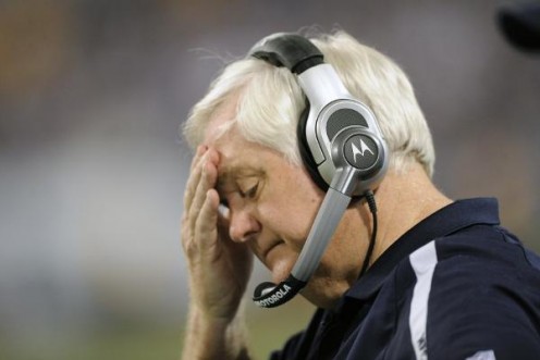 Head coach Wade Phillips of the Dallas Cowboys looks on during the closing moments of a 34-3 divisional playoff loss to the Minnesota Vikings at Mall of America Field at the Hubert H. Humphrey Metrodome on January 17, 2010 in Minneapolis, Minnesota. 