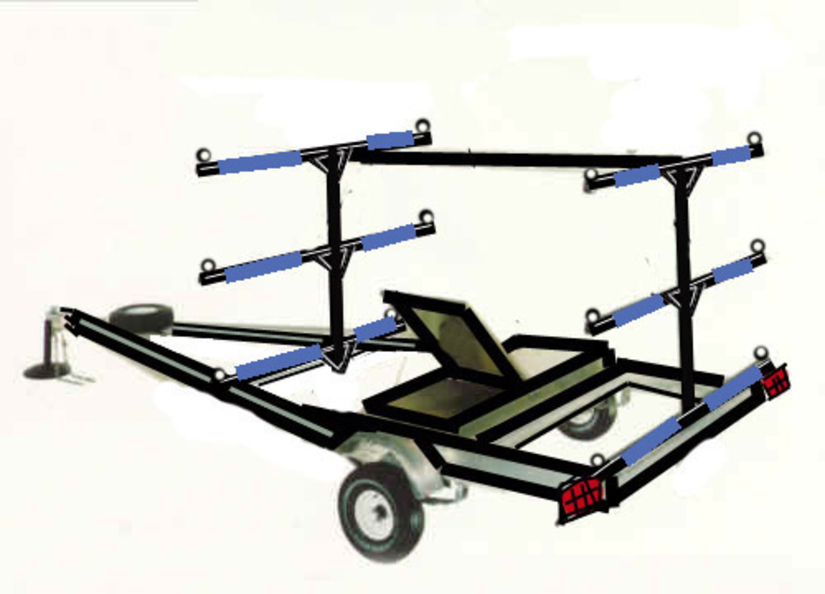 The T-Frame, also built on a boat chassis carries 6 to 8 boats depending on how tall you build it.