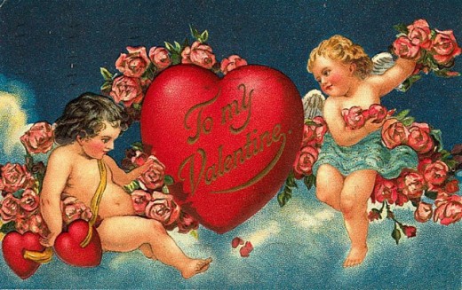 Victorian Valentine's Day card with cherubs, heart, and flowers 