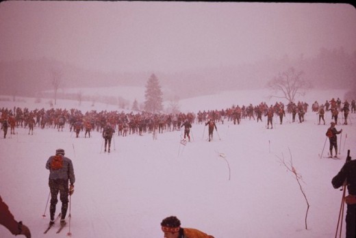 Cross-country skiers Lined Up and Ready to go at the starting point of Canadian Ski Marathon outside of Lachute, Quebec.