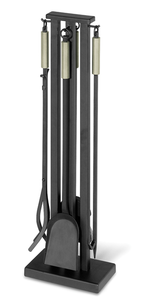 Iron fireplace tool set with brushed stainless steel accent.