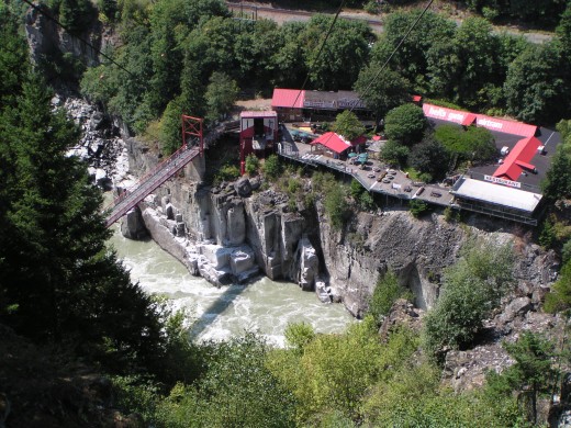 An aerial view of present day Hells Gate, BC, which is now a tourist attraction.  