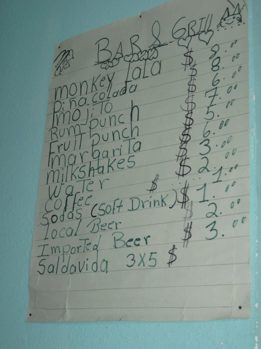 Beverage menu for Bar & Grill On the Spot Restaurant in Coxen Hole, Honduras