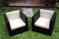 Backyard patio resin wicker is available with several different fabric selections including sunbrella and marine grade water proof.