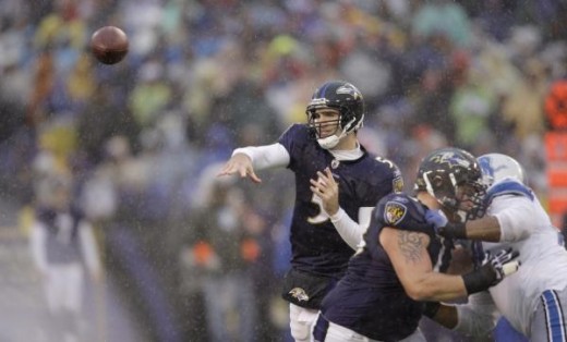 Baltimore Ravens quarterback Joe Flacco throws a pass against the Detroit Lions during the first half of an NFL football game, Sunday Dec. 13, 2009, in Baltimore. (AP Photo/Rob Carr)