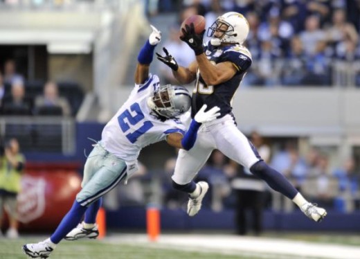 San Diego Chargers wide receiver Vincent Jackson, right, hauls in a pass for a reception as Dallas Cowboys cornerback Mike Jenkins (21) defends in the first half of an NFL football game, Sunday, Dec. 13, 2009 in Arlington, Texas. (AP Photo/Michael Th