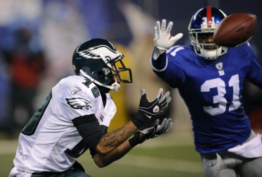 Philadelphia Eagles wide receiver DeSean Jackson (10) catches a pass behind New York Giants cornerback Aaron Ross (31) and runs it into the end zone for a touchdown in the third quarter during an NFL football game Sunday, Dec. 13, 2009, in East Ruthe
