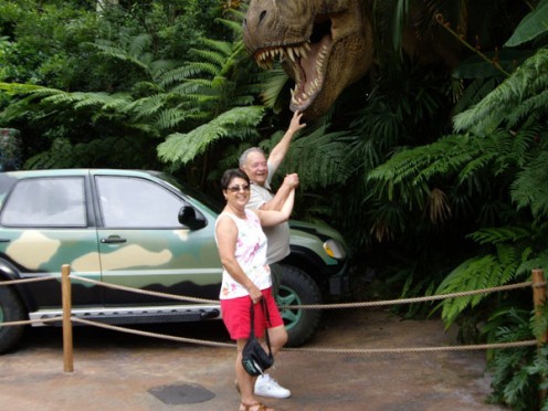 Goofing off at Jurassic theme park in Florida.