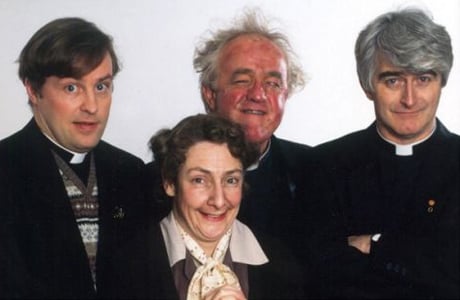 From the left Father Dougal, Father Jack, Father Ted, with Mrs Doyle in the front